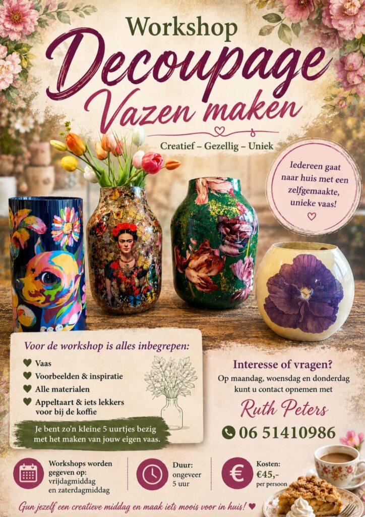 Decoupage leren 2026 decoupage workshop, leren decouperen, vazen decoupage