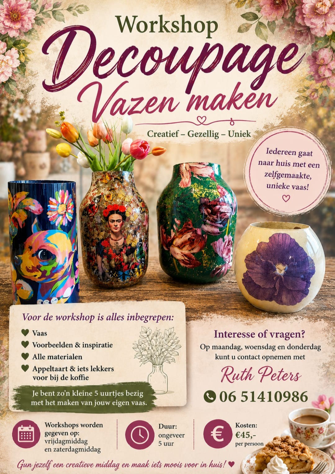 decoupage workshop, leren decouperen, vazen decoupage